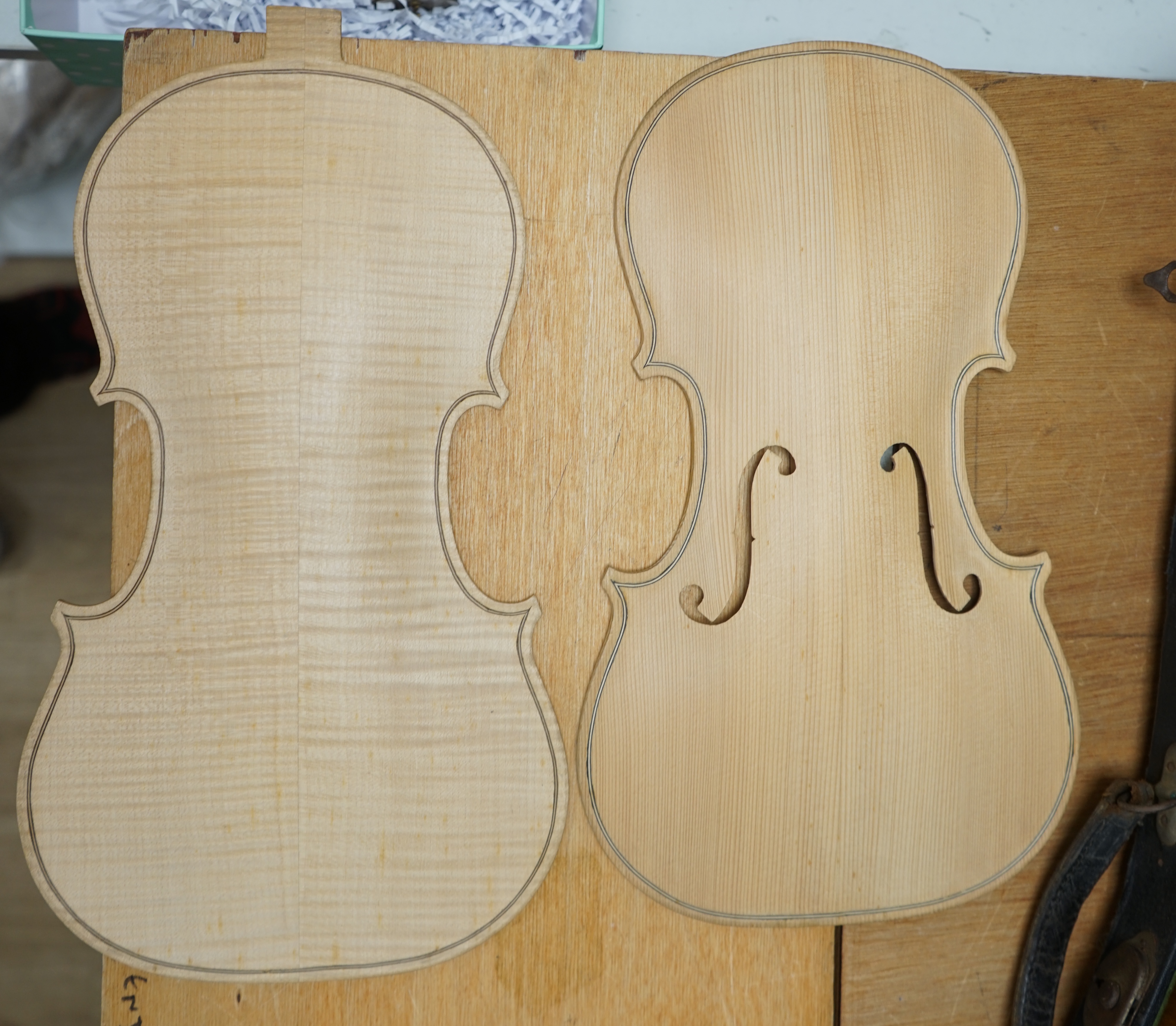 Early 20th century ¾ size violin, unlabelled, cased, together with a violin table, back and scroll. Condition - fair